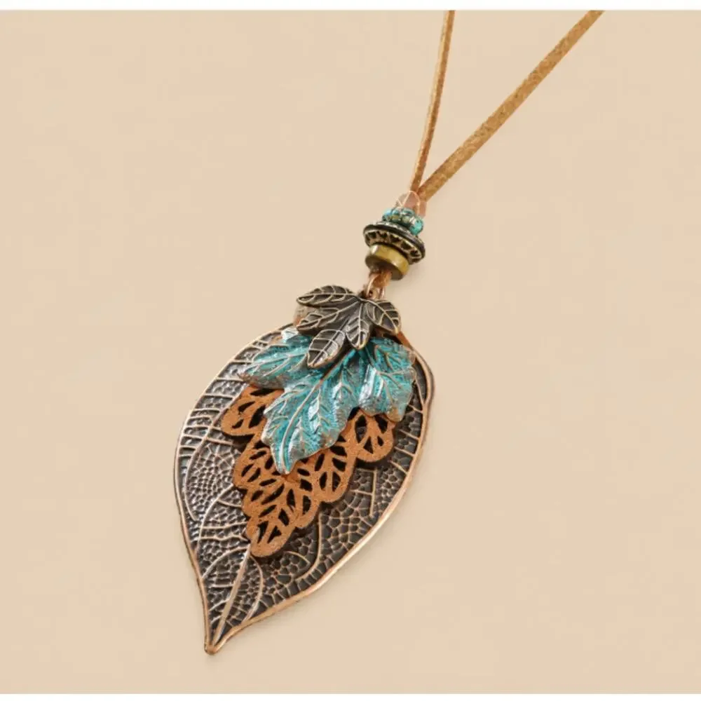 Boho Tribal Leaf Design Pendant Necklace and Earrings Set Faux Suede Cord